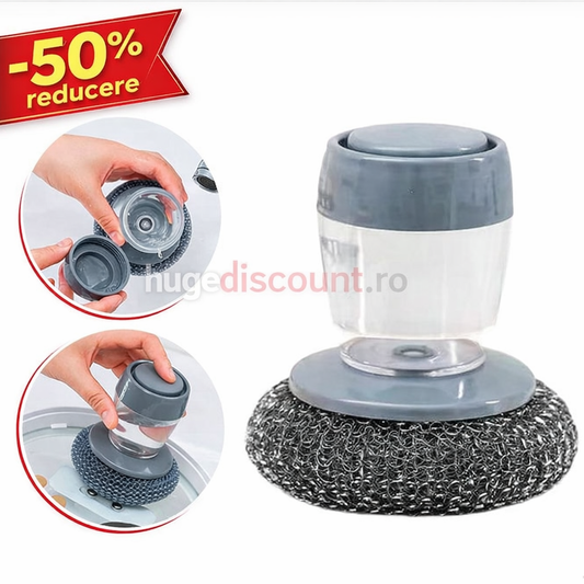 Dispozitiv cu burete din otel inoxidabil si dispenser pentru detergent vase