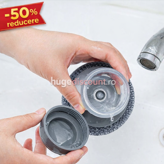 Dispozitiv cu burete din otel inoxidabil si dispenser pentru detergent vase