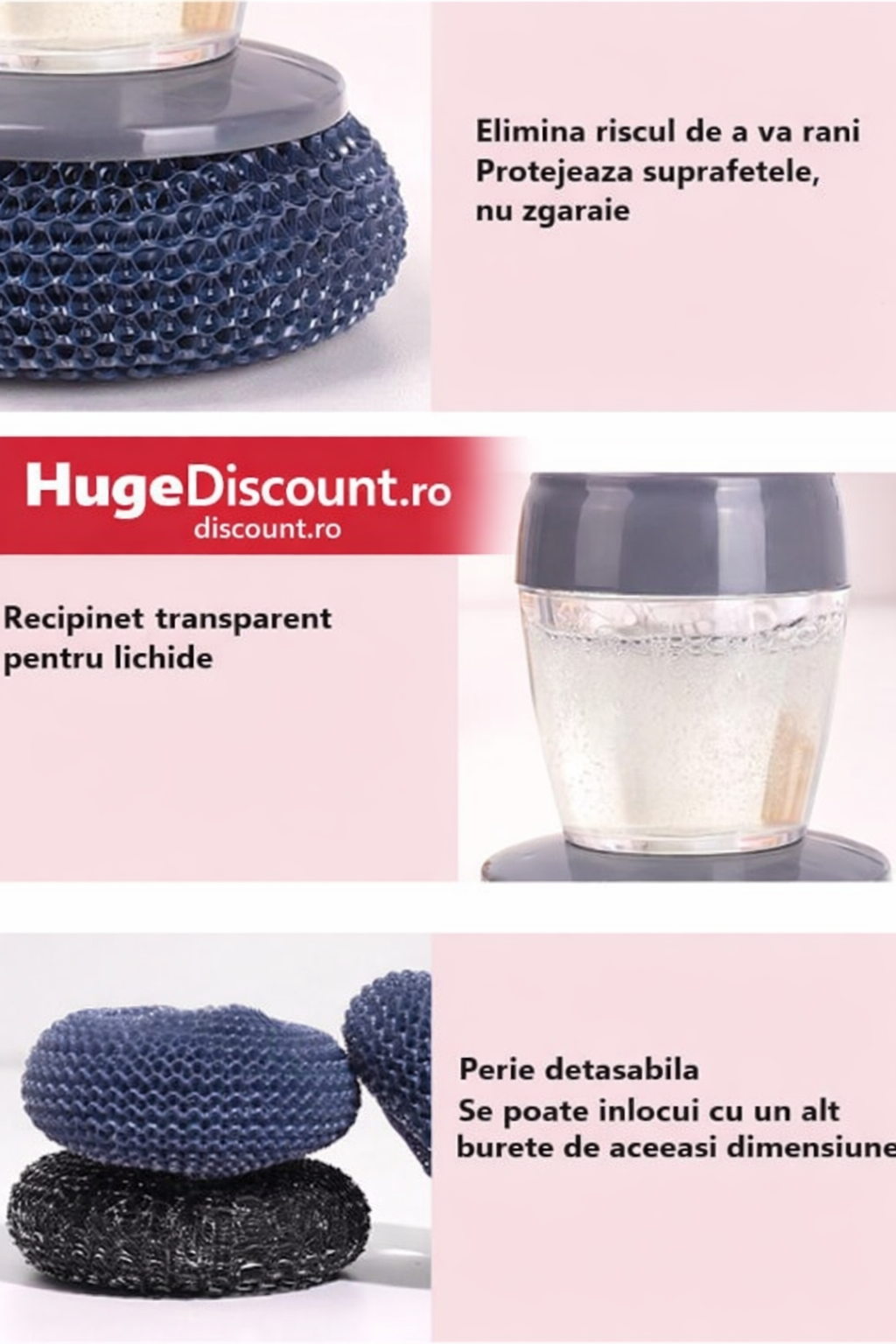 Dispozitiv cu burete din otel inoxidabil si dispenser pentru detergent vase