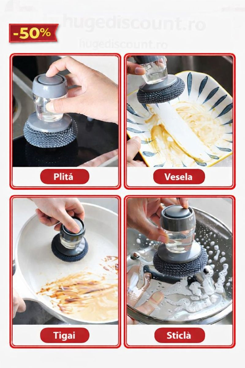 Dispozitiv cu burete din otel inoxidabil si dispenser pentru detergent vase