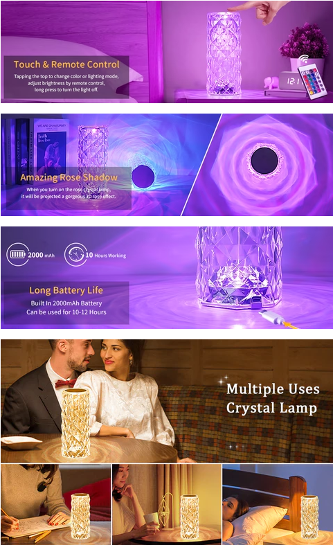 Lampa Crystal Diamond- Funcție antingere, Multicolor, RGB, cu telecomandă