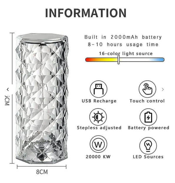 Lampa Crystal Diamond- Funcție antingere, Multicolor, RGB, cu telecomandă